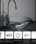 SDVantage Round Tempered Glass Vessel Sink Set for Bathroom Countertop, Above Counter Basin Bowl with modern faucet and accessories.