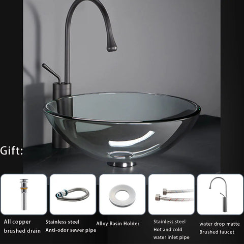 SDVantage Round Tempered Glass Vessel Sink Set for Bathroom Countertop, Above Counter Basin Bowl with modern faucet and accessories.