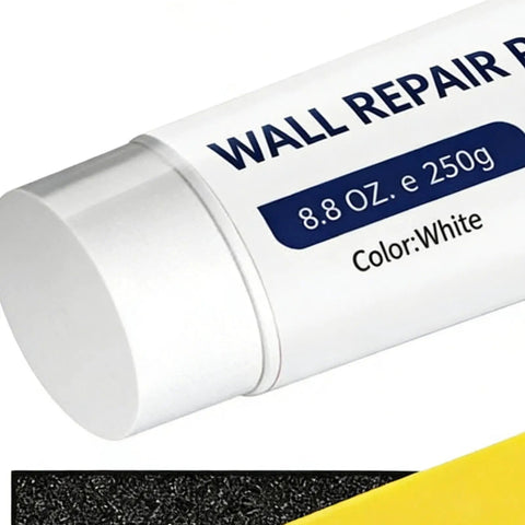 Close-up of wall repair putty showing label details, 8.8 oz, white color. Part of Drywall Repair Paste Wall Mending Putty With Scraper And Crack Filler Kit For Quick Do It Yourself Home Fixes In Apartments Farmhouses Dorms Bedrooms Living Rooms Kitchens Balconies Garages And Basements.