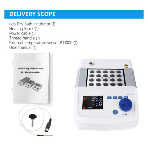Digital Dry Bath Incubator With Led Display And Aluminum Heating Block For Lab Use showing delivery scope including manual and accessories.