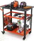 Rugged Portable Welding Table On Wheels With 36 By 24 Inch Work Surface 161 Holes Heavy Duty Steel Frame Storage Panels