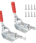 Two Pack Quick Release Push Pull Toggle Clamp Set Model 36092 With Adjustable Spindles, 1.26 Inch Stroke, 5.26 Inch Overall Length, Includes 8 M5 Screws, two metal clamps with red handles