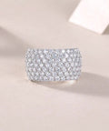 Dreamy Platinum Plated Moissanite Grid Engagement Ring For Her Wide Sterling Silver Bridal Wedding Band with Round Stones view