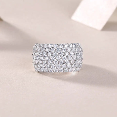 Dreamy Platinum Plated Moissanite Grid Engagement Ring For Her Wide Sterling Silver Bridal Wedding Band with Round Stones view