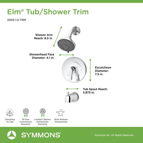 Elm Tub And Shower Trim With 5-Mode Showerhead And Diverter, Single Handle, Chrome Finish, 1.5 GPM, ADA Lever, dimensions view