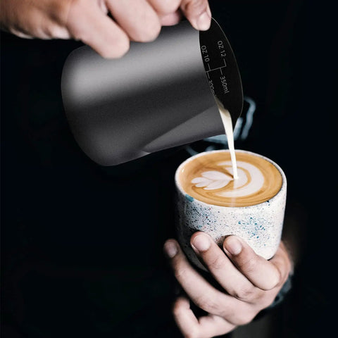 Sturdy Stainless Steel Milk Frothing Pitcher 12 Oz 350 Ml With Barista Grade Latte Art Pen for espresso machines in use