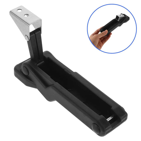 Rubber Draw Latch Black With Storage Rack For Cabinet Doors No Fuss Install Marine Window Catch, shown in hand and detailed view