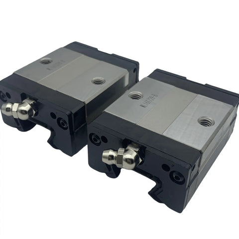 SSR20 Linear Guide Block And Rail Carriage For 3D Printer And CNC Machine Automation Four Row Ball Bearing Guide System Smooth Glide Motion Beefy Load Capacity Precision Linear Motion Upgrade, close-up of two metal guide blocks