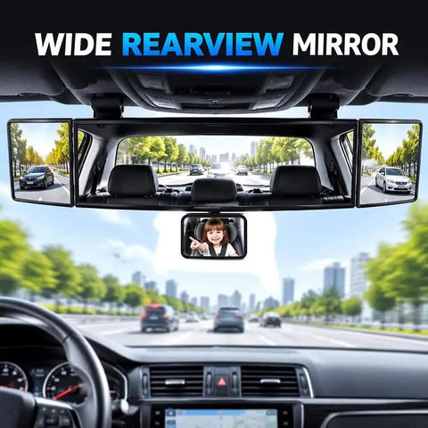 Level Up Your Daily Flow With This Hella Wide Panoramic Rearview Mirror For Tesla Cybertruck Boasting A Triple Panel Convex Setup shows driver view with panoramic rearview mirror.