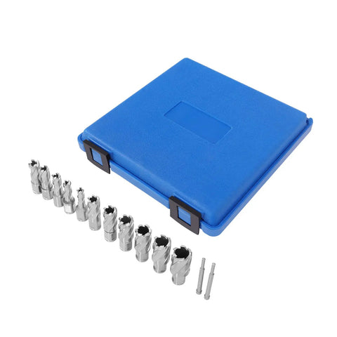 All Purpose Rugged 13 Pc Hss Annular Cutter Set 1 Inch Cut Depth Mag Drill Bits Kit For Magnetic Drill Press in blue case.
