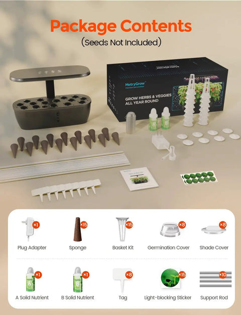Smart Indoor Garden Kit With 24W Full Spectrum Grow Light 15 Pods Hydroponic System For Fresh Herbs components and packaging
