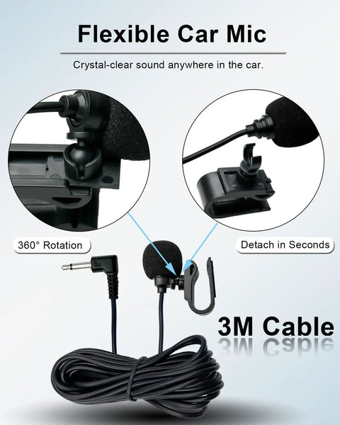 Universal Car Radio Microphone With 9.86 Ft Cable Replacement Mic, 360° rotation feature, detachable clip shown, 3.5mm to 2.5mm adapter