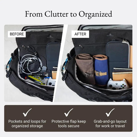 Comparison of EDC Rollup Electronic Organizer showcasing cluttered and organized setup, with cables and supplies neatly stored.