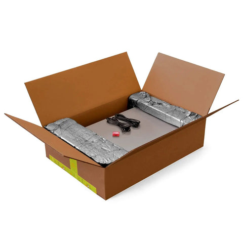 Open box showing Certified Renewed ProLiant DL380 Gen10 Enterprise Server with protective padding and power cable.