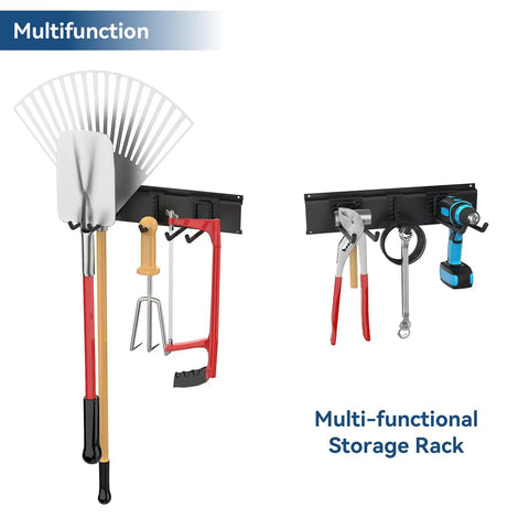 Heavy Duty Wall Mount Ski Rack For Garage Adjustable Steel Rail Holds Four Pairs Of Skis with garden tools and drill organized on hooks.