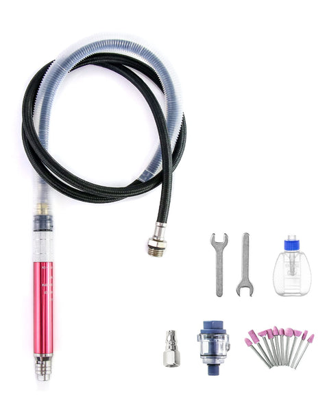 Air Micro Pencil Die Grinder 1/8 Inch Collet High Speed Pneumatic Polishing And Cutting Tool, 65,000 RPM, accessories laid out