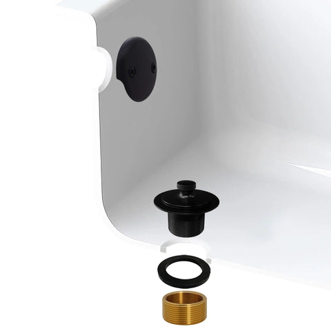 Matte Black Twist And Close Bathtub Drain Stopper Kit Featuring Matching Overflow Faceplate Plus Adapter Bushing For That Slick Bathroom Refresh And Definitely No Fuss Installation Plumbers Choice Gear Handled In A Bulk 50 Pack, showing stopper, overflow plate, and adapter.