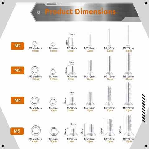 Product Dimensions chart for Solid 304 Grade Stainless Steel 1230 Piece Hardware Toolbox Kit Featuring Hex Socket Screws Nuts Bolts Washers With Allen Keys For Heavy Duty Home Decor Furniture Build Plumbing Repairs Total Badass Gear For Any Tough DIY Job, M2-M5