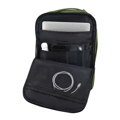 Interior view of Khaki Under Seat Personal Item Backpack 16x12x6 Inches for WestJet Air Canada Flair Airlines with pockets and laptop sleeve
