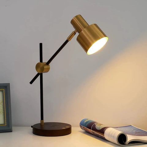 Sleek Desk Lamp With Wireless Charging And USB Port Swing Arm Brass Metal And Wood Nightstand Light Mid Century Modern Reading Lamp For Bedroom Living Room Office 5 Watt Bulb Included