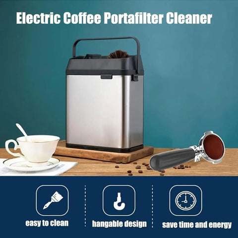 Electric Portafilter Cleaner And Espresso Knock Box Certified Game Changer Auto Vacuum Coffee Pucks on wooden counter with cup.