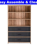 Solid Industrial Bookcase Featuring Three Slide Out Drawers And Four Wide Open Shelves, MDF construction with black and wood finishes.