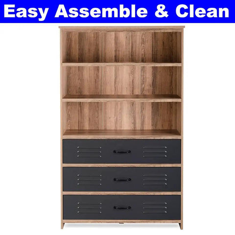 Solid Industrial Bookcase Featuring Three Slide Out Drawers And Four Wide Open Shelves, MDF construction with black and wood finishes.