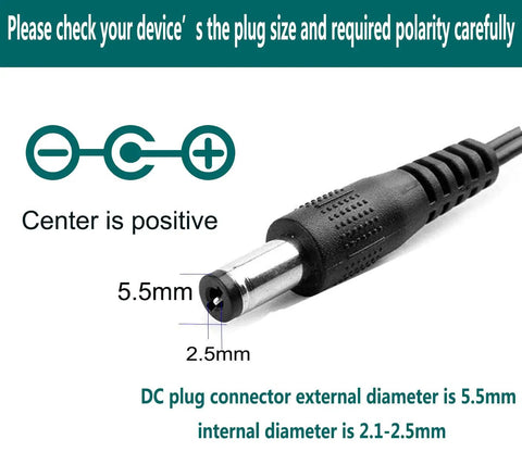 Close-up of No Fuss 24V 1A Power Supply Adapter plug with 5.5x2.5mm and 2.1mm diameters, showing polarity instructions.