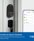 Smart WiFi Door Lock With Fingerprint Deadbolt And Remote App Control Featuring Keyless Entry Keypad Bluetooth Auto Unlock, mounted on a door with a smartphone displaying access logs.