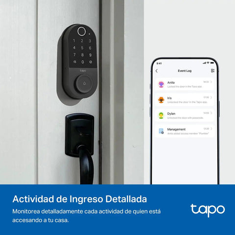 Smart WiFi Door Lock With Fingerprint Deadbolt And Remote App Control Featuring Keyless Entry Keypad Bluetooth Auto Unlock, mounted on a door with a smartphone displaying access logs.