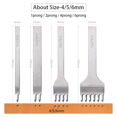 Leather Hole Punch Tool Set With Pricking Iron Prongs 1/2/4/6 And 3/4/5/6 Mm Spacing Diamond Stitching Leather Chisel Kit Set