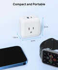 Six In One Wall Outlet Extender with USB C and USB A Ports, 3 Type A Sockets, 1 Type B, shown with phone and watch for size