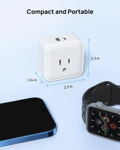 Six In One Wall Outlet Extender with USB C and USB A Ports, 3 Type A Sockets, 1 Type B, shown with phone and watch for size