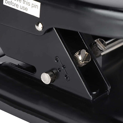Close-up of heavy duty 4 hole paper punch showing iron construction and adjustment features for up to 30 sheets.