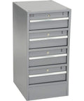 Heavy Duty 72 By 30 Inch Workbench Built Tough With Rock Solid All Welded Steel Frame And Smooth As Butter Pedestal Drawers Featuring Aluminum Handles Plus Cylinder Locks For Secure Storage On A Top Shelf ESD Safe Safety Edge Surface - Gray steel storage drawer cabinet with five drawers and locking hardware.
