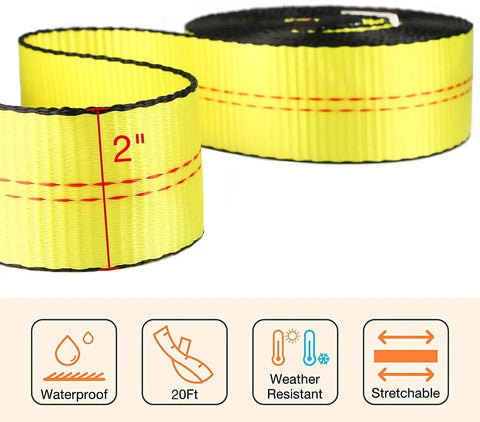 Beefy Heavy Duty Tow Strap 2 Inch By 20 Foot With Loops 20000 Lbs Break Strength Kinetic Recovery Tow Rope For ATV UTV Car Tractor Boat Trailer Emergency Towing Straps Tree Saver, 2-inch wide yellow strap