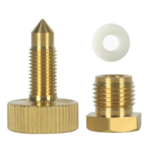 Brass PCP airsoft high-pressure pump safety bleeder valve set, 2 pieces with M10x1 threads and white washer.