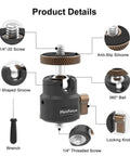 All Metal CNC Built One Quarter Inch Swivel Mini Ball Head Tripod Mount With 360 Degree Rotation And 125 Degree Tilt For Camera Cages, Compatibility With Super Clamps, Suction Cup Mounts, Magnetic Bases, And A Max Load Of 11 Lb, 1/4" screw details