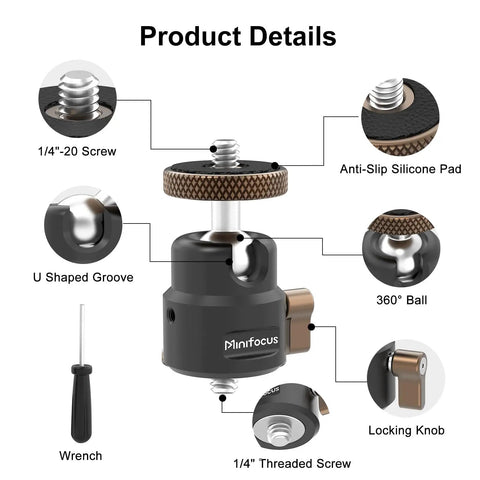 All Metal CNC Built One Quarter Inch Swivel Mini Ball Head Tripod Mount With 360 Degree Rotation And 125 Degree Tilt For Camera Cages, Compatibility With Super Clamps, Suction Cup Mounts, Magnetic Bases, And A Max Load Of 11 Lb, 1/4" screw details