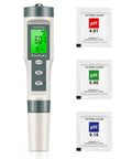 Three In One Digital Water Tester that reads pH TDS and temperature with packets showing pH 4.01, 6.86, 9.18 range