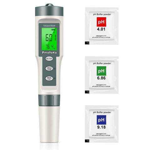 Three In One Digital Water Tester that reads pH TDS and temperature with packets showing pH 4.01, 6.86, 9.18 range