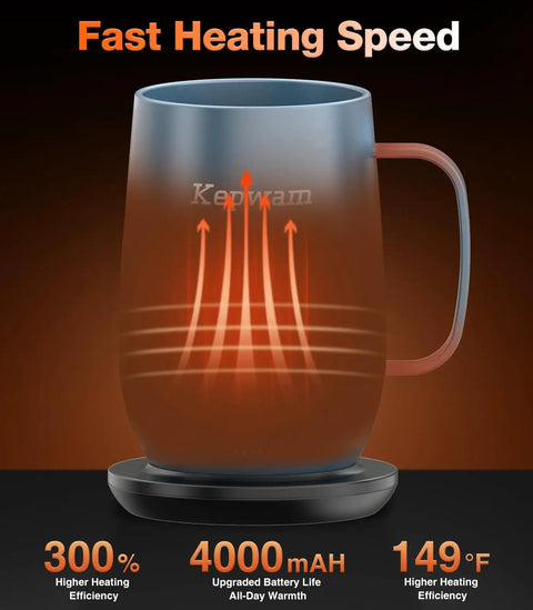 Keep Your Daily Grind Piping Hot All Day Long With This Badass Rechargeable Self Heating Coffee Cup Featuring Adjustable Temp Control And Snag It Up Now For That Perfect Sippin Experience - stainless steel mug with heat graphics.