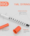 One Milliliter Syringe With 30G 5/16 In (8mm) Needle, Disposable U-100 Calibrated, Lab Grade Polypropylene Barrel With Reinforced Plunger, Individually Wrapped, 30 Pack, Perfect For Precise Dosing And Quick Prep. 1ml syringe with 30G needle and polypropylene barrel