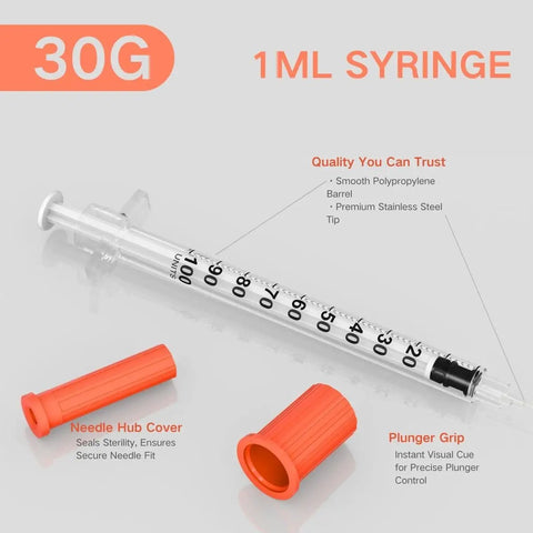 One Milliliter Syringe With 30G 5/16 In (8mm) Needle, Disposable U-100 Calibrated, Lab Grade Polypropylene Barrel With Reinforced Plunger, Individually Wrapped, 30 Pack, Perfect For Precise Dosing And Quick Prep. 1ml syringe with 30G needle and polypropylene barrel