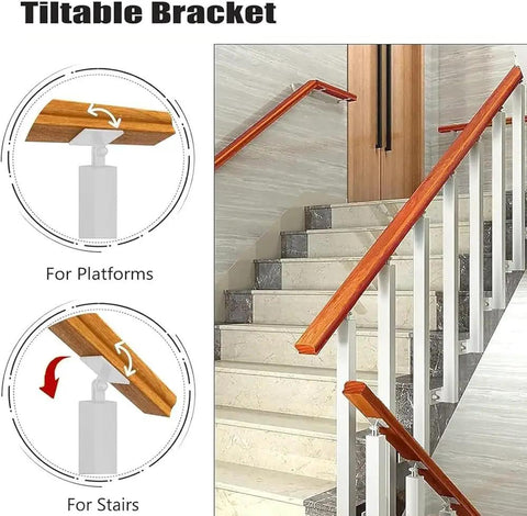 Pro Grade Adjustable Side Mount Railing Kit Featuring 270 Degree Flat Brackets And Square Iron Spindle Post For Stair Deck Porch Or Fence Built From Premium Wrought Iron With Tough Anti Rust Coating For Quick Setup And Serious Curb Appeal In Classic, showing tiltable bracket on stairs.