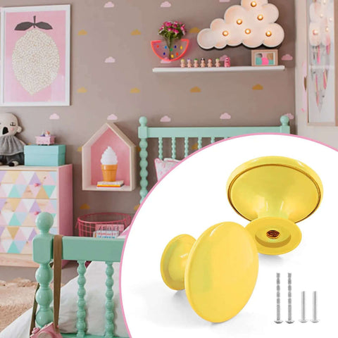 Bright Yellow Metal Cabinet Knobs Pack Of Ten Round Drawer Pulls For Dressers And Cupboards on stylish bedroom furniture.