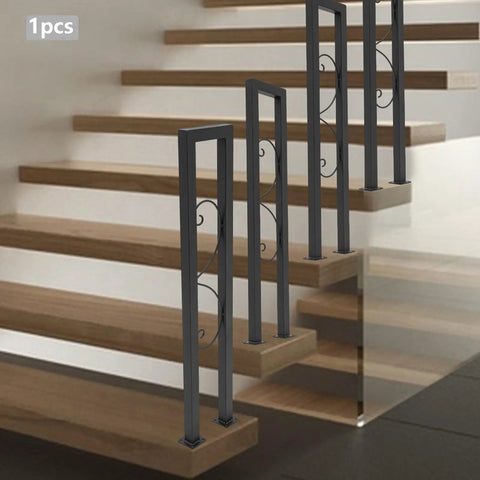 Heavy Duty Black Metal U Shaped Stair Handrail Freestanding Indoor Safety Rail With Slick Curved Edges on wooden stairs