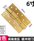 Gold 6-inch aluminum alloy door hinge with spring-loaded soft close, dimensions labeled, for American style cabinets