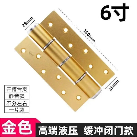 Gold 6-inch aluminum alloy door hinge with spring-loaded soft close, dimensions labeled, for American style cabinets