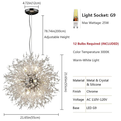 Diagram of Dope Modern Crystal Firework Chandelier With 12 Lights In Chrome Stainless Steel Sputnik Style Dandelion Pendant